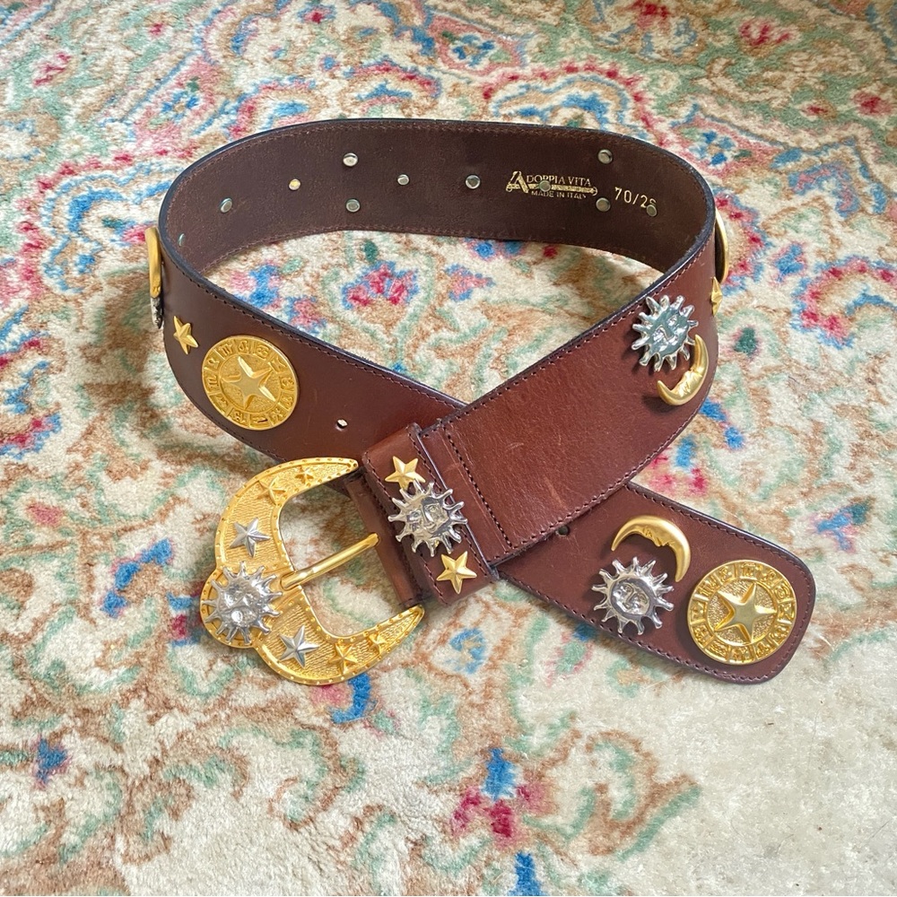 Vintage Italian Brown Leather Belt with Celestial Gold and Silver Accents